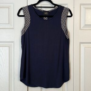 W5 Size Small Navy Blue Khaki Crewneck Mixed Media Sleeveless Shirt Stretch